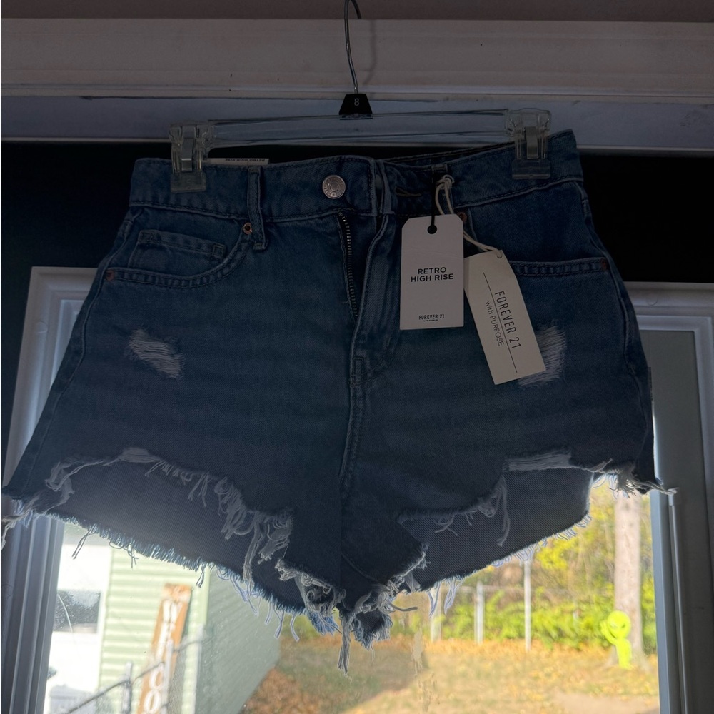 Forever 21 Women's High Waist Denim Shorts - Dark Blue